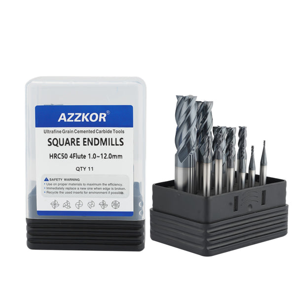 AZZKOR HRC50 4-Flute 1.0mm-12.0mm 11PCS Set Tungsten Steel Milling Cutter Carbide Endmill CNC Machining Center End Mill Tools