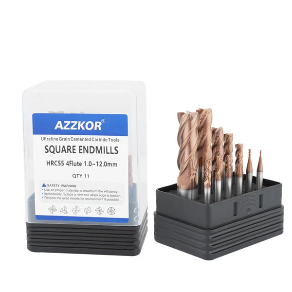 Carbide Square EndMill HRC55 Double Edge 4 Flute TiAlN Coating Tungsten Steel Milling Cutter for Metal Steel HRC55 1.0-12.0mm Series 11pcs Set