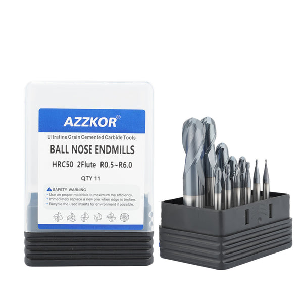 AZZKOR HRC50 2-Flute R0.5-R6.0 11PCS-Set Tungsten Steel Ball Nose Cutter Carbide Endmill CNC Machining Center Milling Tools
